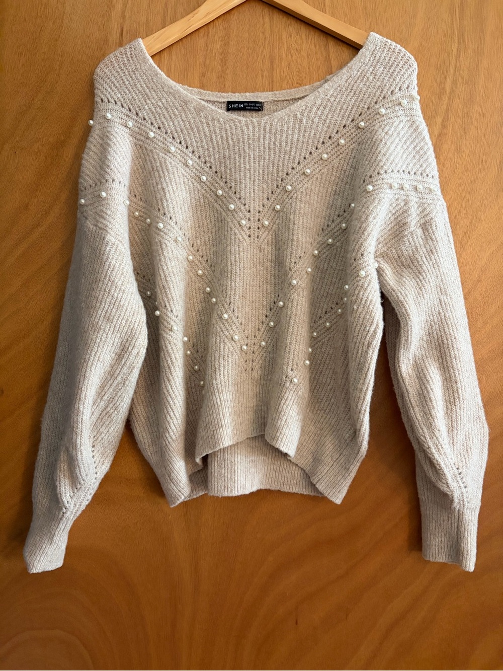 SHEIN Beaded V-Neck Crew Sweater - Light Beige
